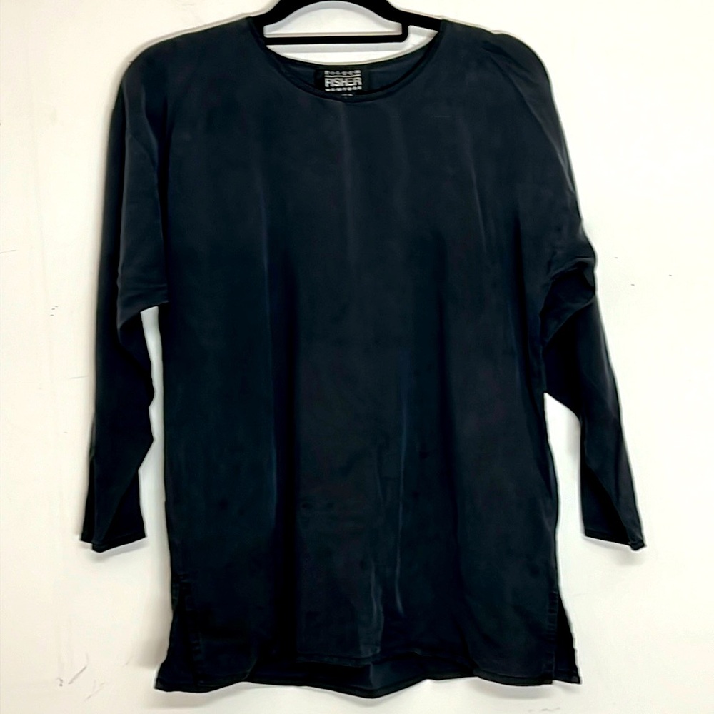 🌞 Eileen Fisher New York black silk long sleeve crew neck blouse women size M/L